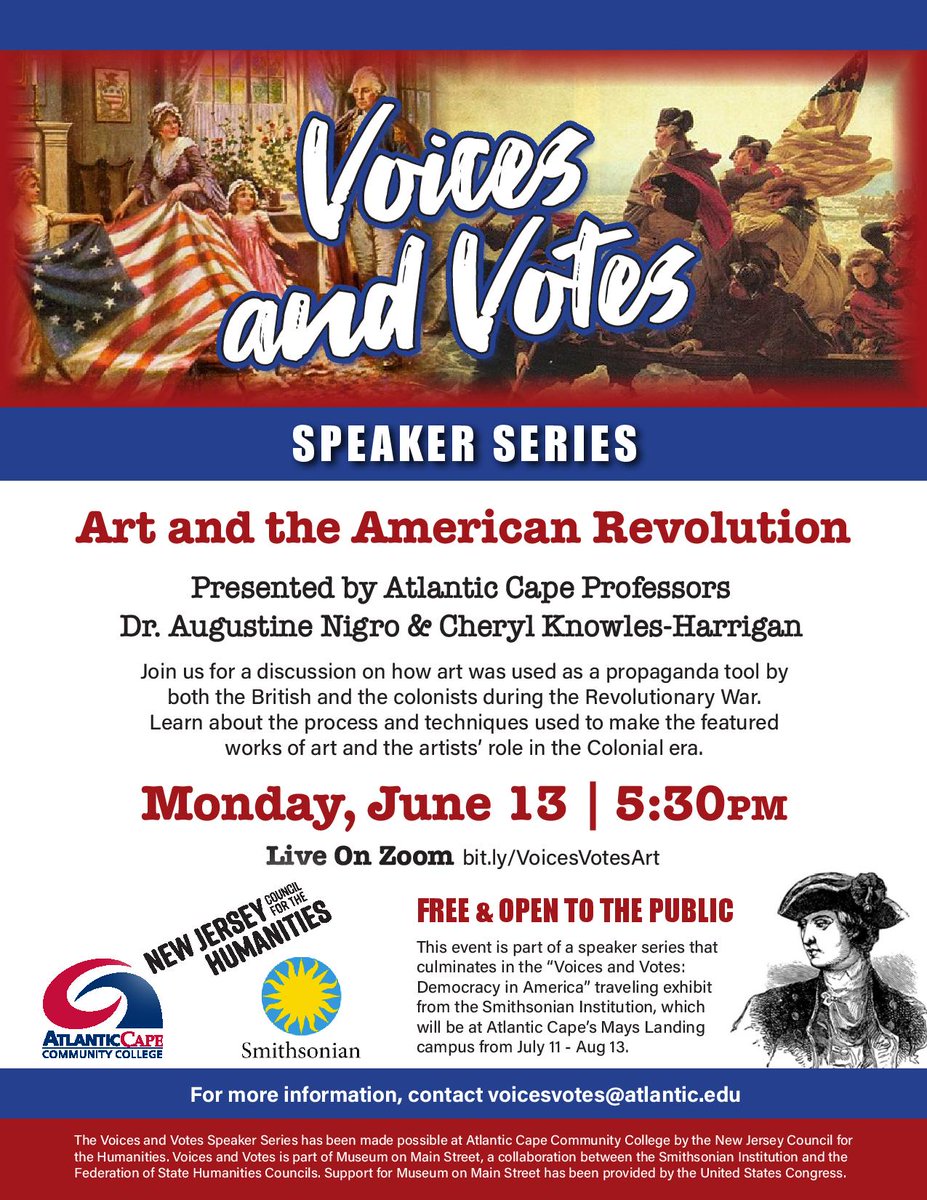 atlanticcape's tweet photo. Join us on Monday, June 13th at 5:30pm on Zoom for the next installment of our Voices and Votes speaker series! This session will be on Art and the American Revolution presented by Dr. Augustine Nigro & Cheryl Knowles-Harrigan. Zoom event link here: https://t.co/jrqmwEoJzG https://t.co/iJWS7ht1M1