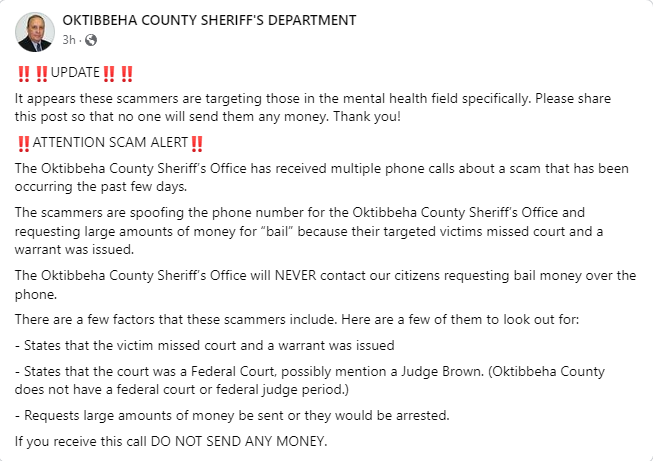 Scam alert from <a href="/oktsheriff/">OCSD</a> . We ask that you never provide any personal information over the phone, to any organization, if you’re unable to verify their legitimacy.