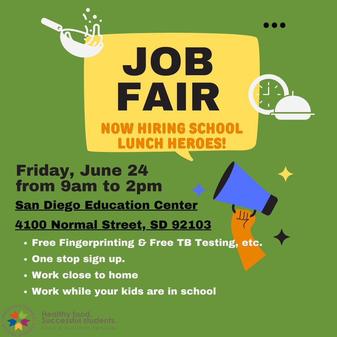 Job Fair Alert!! 📣 We're hiring School Lunch Heroes for the upcoming school year. 🦸🧑‍🍳 Join our amazing team on Friday, June 24 at the SD Ed Center. Meet our team, ask your questions, and more!!