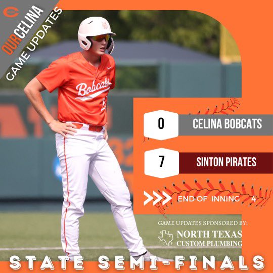 At the end of the 4th inning. Score brought to you by North Texas Custom Plumbing @NTXCP1 @CelinaISD @RecruitCelinaFB @CBobcatBaseball @BobcatMomsCTX @celinaqbclub