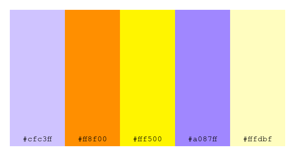 ColPaletteBot's tweet photo. Beep beep, here's a pretty color palette for you! 

color-scheme.js parameters used: 
- hue: 264
- variation: default
- colors: #cfc3ff, #ff8f00, #fff500, #a087ff, #fffdbf

Have a lovely evening!

#twitterbot #colorpalette #colors #palette #prettycolors https://t.co/l8pTdRm201