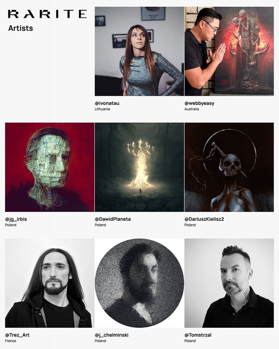 rariteio's tweet photo. Artists involved in #RARITE Genesis Drop:
@ivonatau  
@webbyeasy  
@jg_irbis 
@DawidPlaneta  
@DariuszKielisz2 
@j_chelminski 
@Trez_Art 
@j_chelminski 
@Tomstrzal 

#CleanNFTs #tezosnft #tezoscollectors #collection https://t.co/V6RiO94rSO