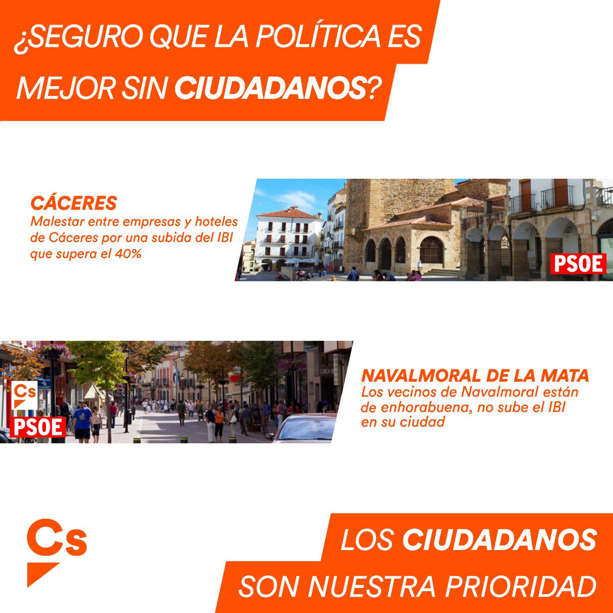 🥀El <a href="/Ayto_Caceres/">Ayuntamiento Cáceres</a>, gobernado por el <a href="/psoeex/">PSOE de Extremadura /❤️</a>, aplica una subida desmesurada del IBI a establecimientos de la ciudad.

🔴🟠Sin embargo, el <a href="/ayto_navalmoral/">Ayto Navalmoral</a>, gobernado en coalición entre PSOE y Cs, no ha aplicado esta subida.

🍊¿Aún piensas que la política es mejor sin nosotros?
