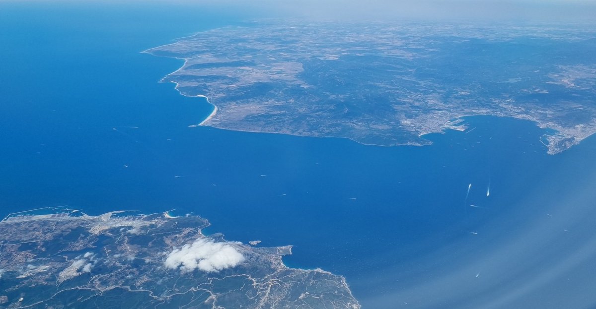 A port designer's dream view of Europe meets Africa from the flight down to Freetown this afternoon. The sun shines on Gibraltar, Algeciras and Tangier Med with the main shipping channels filled with large vessels. Just about enough space for fast ferries across the straights!