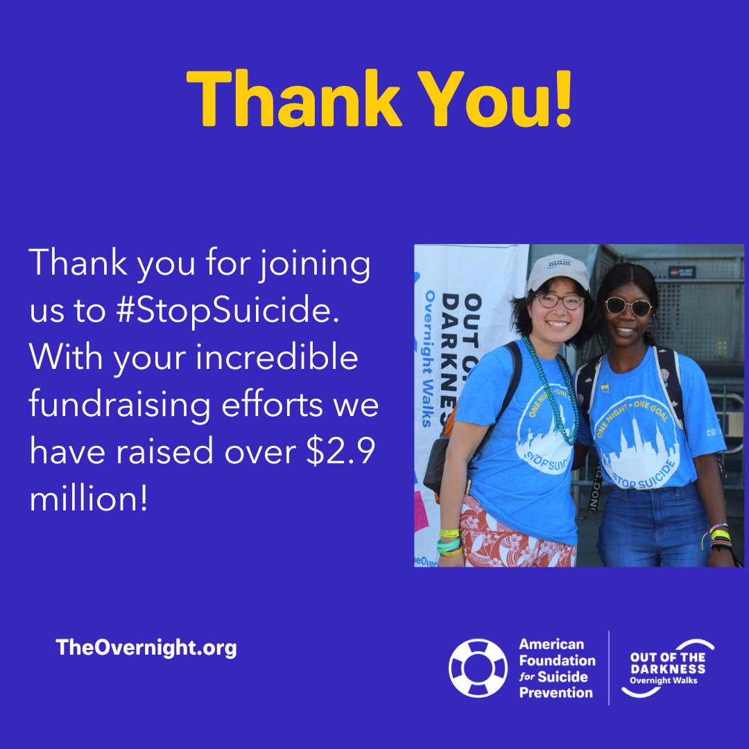 OvernightWalk's tweet photo. We sincerely want to thank everyone who participated in the 2022 New York City Overnight Walk. With your incredible efforts we have raised over $2.9 million to #StopSuicide. We truly could not do this life-saving work without you. https://t.co/qe32xm5X05