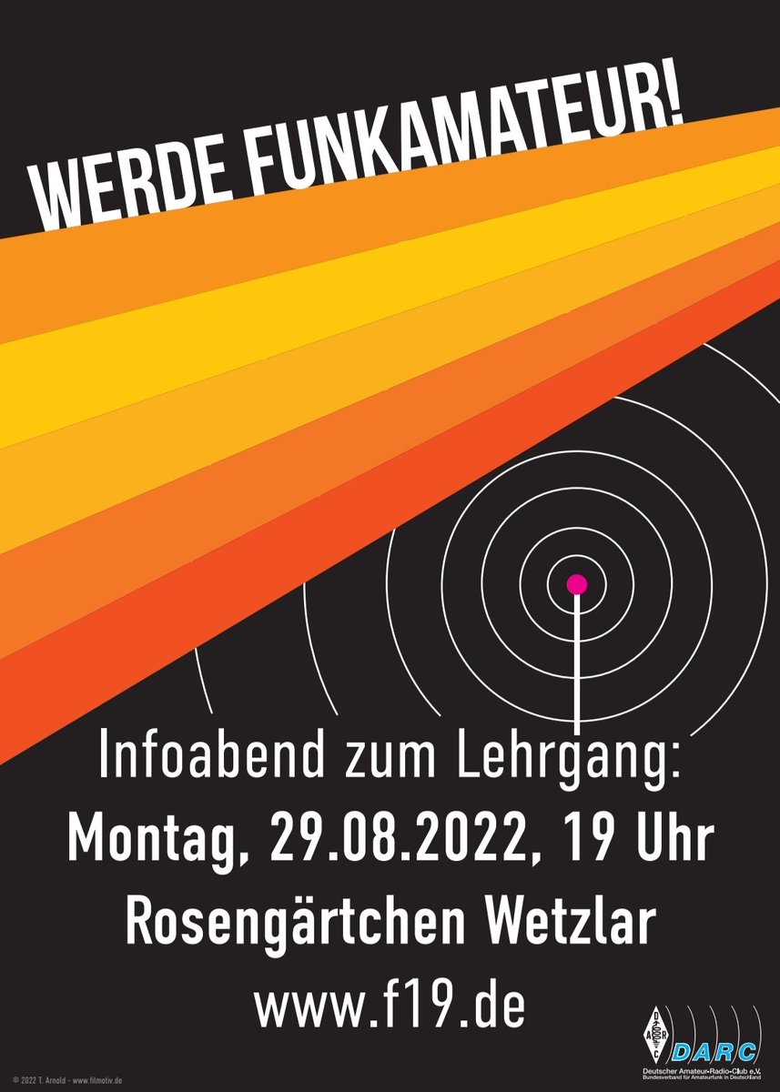 Werde #Funkamateur! Infoabend für den Lehrgang von F07, F15, F19 und F26 für Klasse E ab September 2022 bis März 2023 in #Wetzlar. Weitere Informationen unter f19.de gerne RT #ham #hamr #amateurfunk #mittelhessen #giessen #marburg #lahndillkreis #darc #darc_ev