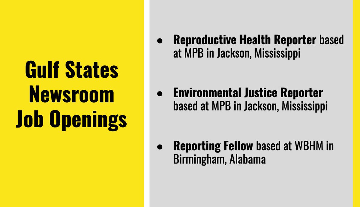 🚨We're hiring THREE more reporters for the Gulf States Newsroom🚨

Come join our team of award-winning regional reporters and editors who cover health care, wealth and poverty and race and equity across Alabama, Mississippi and Louisiana. 

Here are the deets 👇🏾
