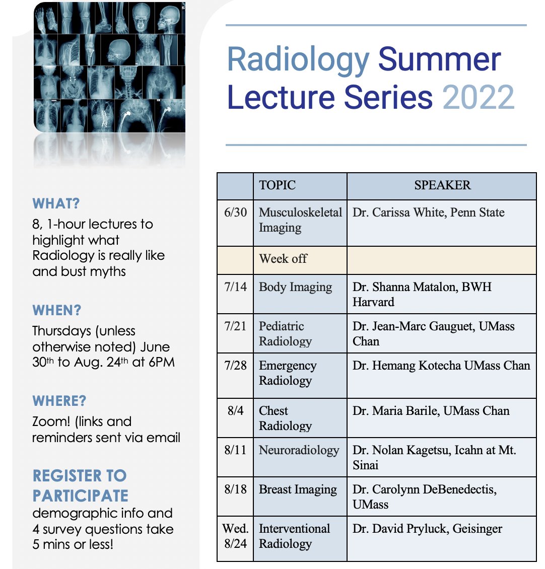 Shanna Matalon, MD (@shannamatalonmd) on Twitter photo π£οΈ #futureradres & #MedStudentTwitter: check out this Summer Radiology Lecture Series organized by <a href="/UMassChanSOM/">T.H. Chan School of Medicine at UMass Chan</a> student Mariam Chekmeyan. Appropriate for any med student to learn about life as a subspecialty radiologist! I'm teaching 7/14!
Sign upβ‘οΈbit.ly/3MvnpVf π£οΈ #futureradres & #MedStudentTwitter: check out this Summer Radiology Lecture Series organized by <a href="/UMassChanSOM/">T.H. Chan School of Medicine at UMass Chan</a> student Mariam Chekmeyan. Appropriate for any med student to learn about life as a subspecialty radiologist! I'm teaching 7/14!
Sign upβ‘οΈbit.ly/3MvnpVf