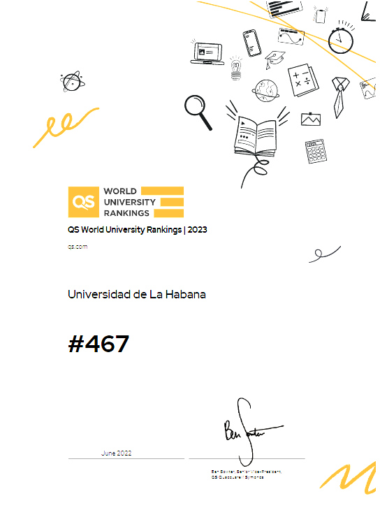 #OrgulloUH 🏛 🇨🇺 | La <a href="/UdeLaHabana/">Universidad de La Habana</a> ocupa el puesto #467 del QS World University Rankings 2023
.
.
#SomosUH #295UH #UniversidadCubana #Cuba #QS 
<a href="/worlduniranking/">QS World University Rankings</a> <a href="/nicado3/">Miriam Nicado</a> <a href="/CubaMES/">MES</a> <a href="/UDUAL/"> ♡̷̷̷</a>  <a href="/PresidenciaCuba/">Presidencia Cuba 🇨🇺</a> <a href="/cubadebatecu/">Cubadebate</a> <a href="/unesco_iesalc/">UNESCO IESALC #EducaciónSuperior #HigherEducation</a>  <a href="/mesaredondacuba/">Mesa Redonda</a> <a href="/DiazCanelB/">Miguel Díaz-Canel Bermúdez</a> <a href="/RadioHabanaCuba/">Radio Habana Cuba</a>