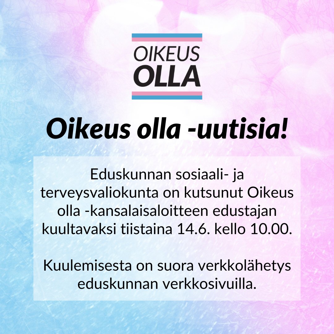 Onpas jännittävää! Eduskunnan sosiaali- ja terveysvaliokunta on kutsunut Oikeus olla -kansalaisaloitteen edustajan kuultavaksi ensi tiistaina 14.6. kello 10.00. Kuulemisesta on suora verkkolähetys, jota voi katsoa eduskunnan verkkosivuilla (eduskunta.fi).

#OikeusOlla