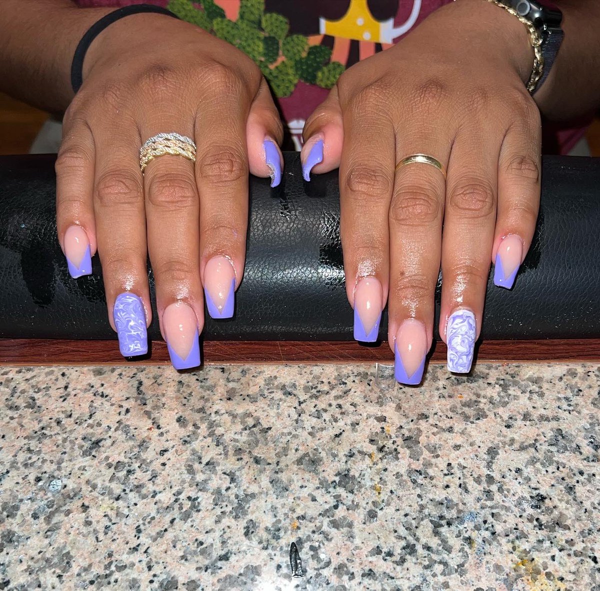 Medium Round Square light purple French tip and marble set! ✨ #nails #youngnails #selftaught #acrylicnails #purple #frenchtipnails #vshape #atl #atlnailtech #malenailtech