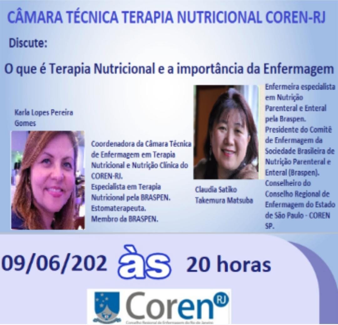 GomesKarlalpg's tweet photo. A Câmara Técnica de Enfermagem em Terapia Nutricional do COREN-RJ realizará a 1° Live amanhã às 20h. Esperamos vocês! https://t.co/lOaiCZh535 https://t.co/MsIOAFajeY