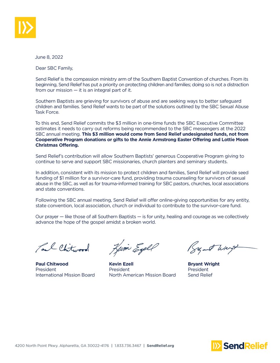 sendrelief's tweet photo. NEW: @DrPaulChitwood, @kevezell and @bryantwright released a joint statement announcing Send Relief's commitment of $3 million that the @SBCExecComm estimates it needs to carry out #SATF reforms being recommended to the SBC messengers at #SBC22. https://t.co/kdFVcWVVgF