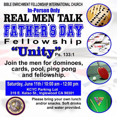DrBAMCrawford's tweet photo. 🙌🏾💙 Join the men for dominoes, cards, pool, ping pong and fellowship. https://t.co/0ljNkhLZev #BamCrawfordMinistries #BEFIC #InPersonOnly #RealMenTalk #FathersDay #Fellowship #Unity https://t.co/1yxv6U8PL0