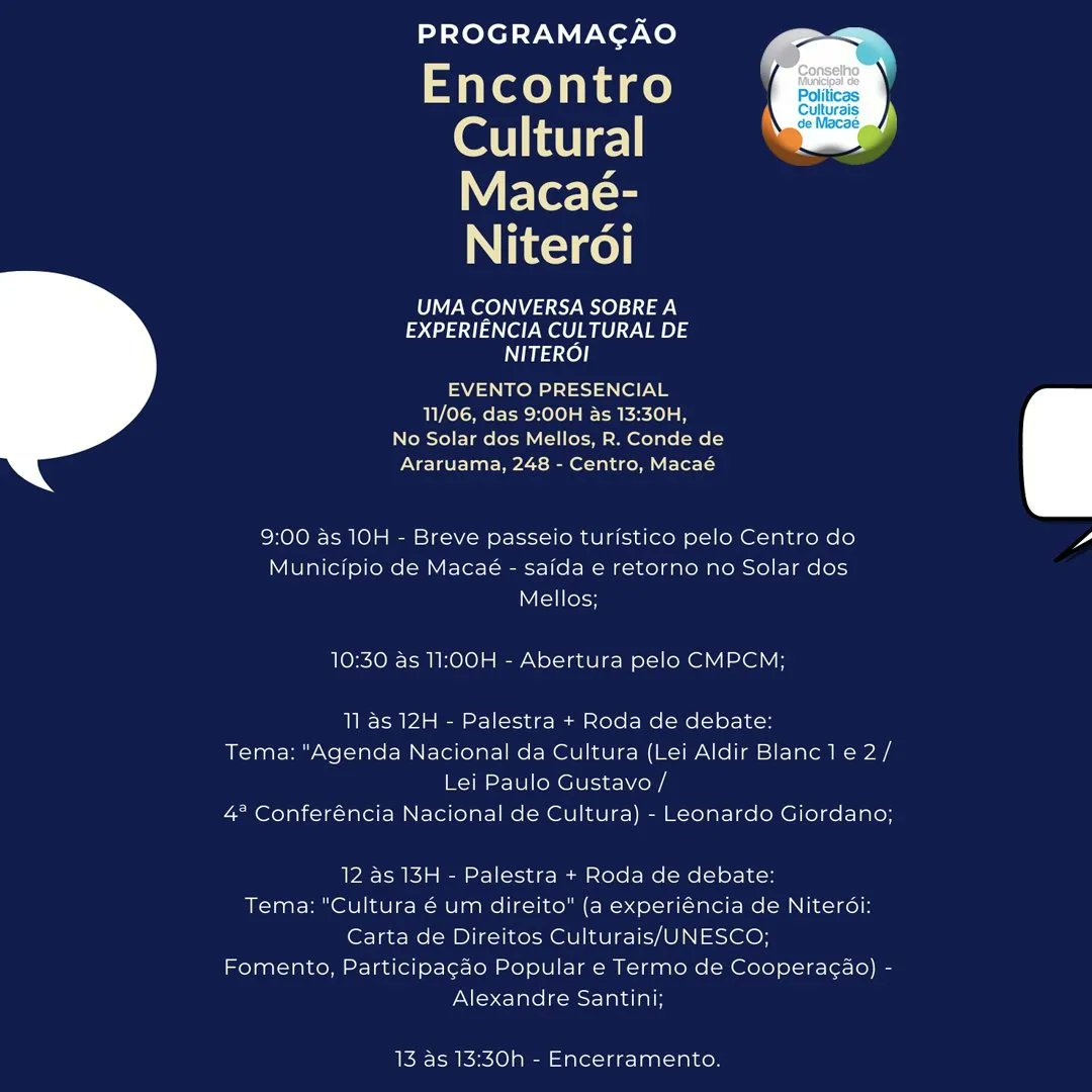 cmpcmacae's tweet photo. A atividade ocorrerá presencialmente no Solar dos Mellos, no centro de Macaé, na manhã do próximo sábado, dia 11/06, a partir das 9h. Confiram nas imagens a lista de convidados e os detalhes da programação. Participem! #Macaé https://t.co/mR9CKODxr8