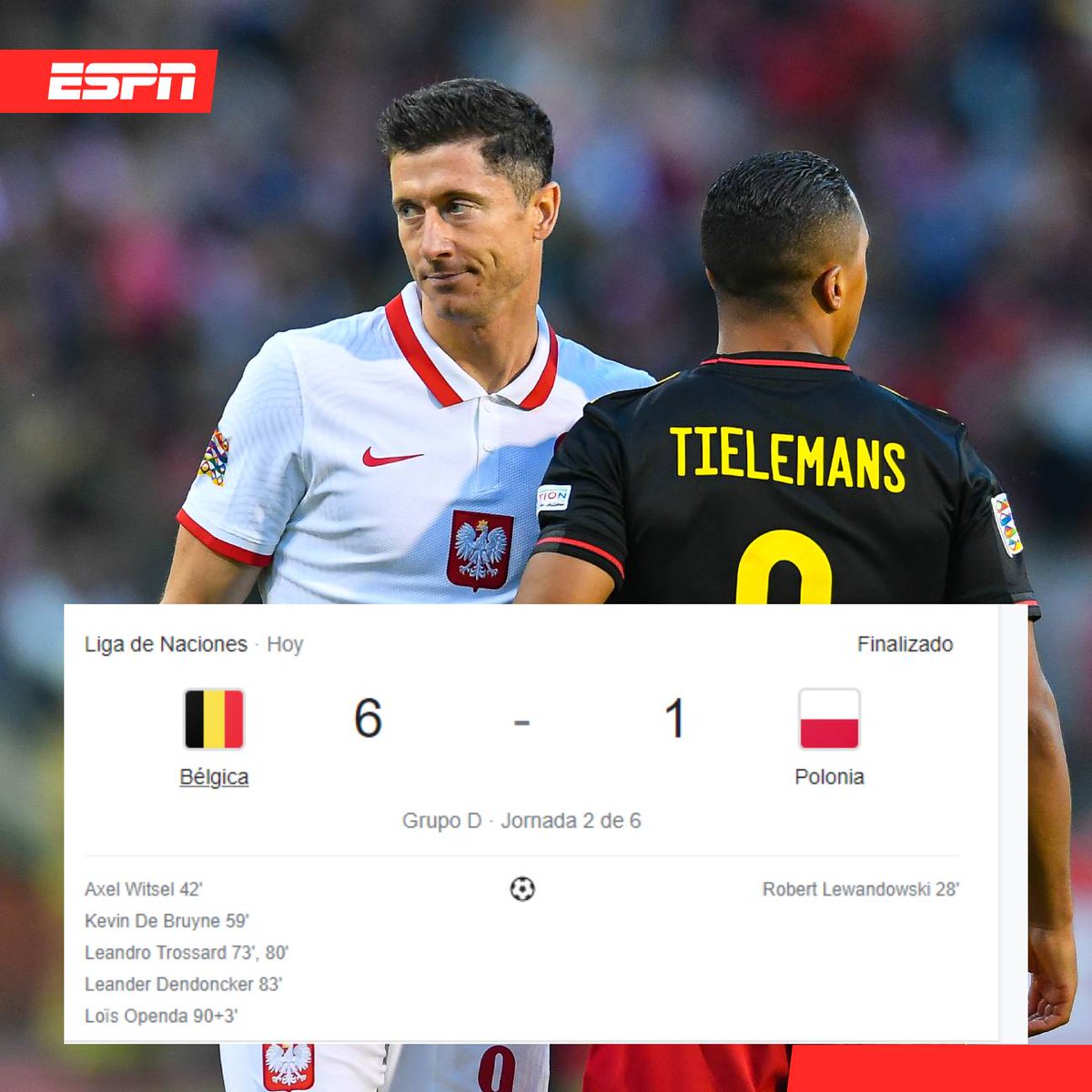 ESPNmx's tweet photo. 😲 ¡QUÉ PALIZA A POLONIA!

👀 El rival del Tri en #Qatar2022 visitó Bélgica y se llevó una derrota de 6-1. 

⚽ Lewandowski hizo el único gol. 

https://t.co/DWtYpW1lky https://t.co/Dy5gegz0yH