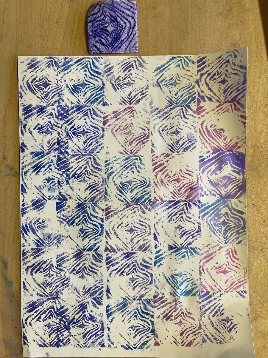 MissDressel's tweet photo. HHMS artists created stamps using styrofoam and washable markers. We are transforming our designs using rotation and translation. 👍 #ShineBrightEdison https://t.co/2zeIYhaOpl