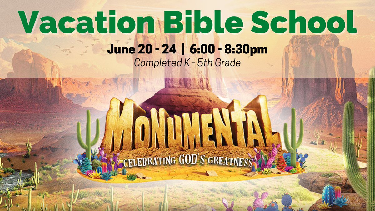 WCRBC's tweet photo. Monumental VBS is just a little over a week away on June 20-24! 🌵🏜🌵𝘛𝘩𝘦𝘳𝘦'𝘴 𝘴𝘵𝘪𝘭𝘭 𝘴𝘱𝘢𝘤𝘦 𝘧𝘰𝘳 𝘺𝘰𝘶𝘳 𝘤𝘩𝘪𝘭𝘥, 𝘴𝘰 𝘣𝘦 𝘴𝘶𝘳𝘦 𝘵𝘰 𝘳𝘦𝘨𝘪𝘴𝘵𝘦𝘳 𝘵𝘰𝘥𝘢𝘺:
https://t.co/MDolOhFFCy https://t.co/XEZAGSWNnX