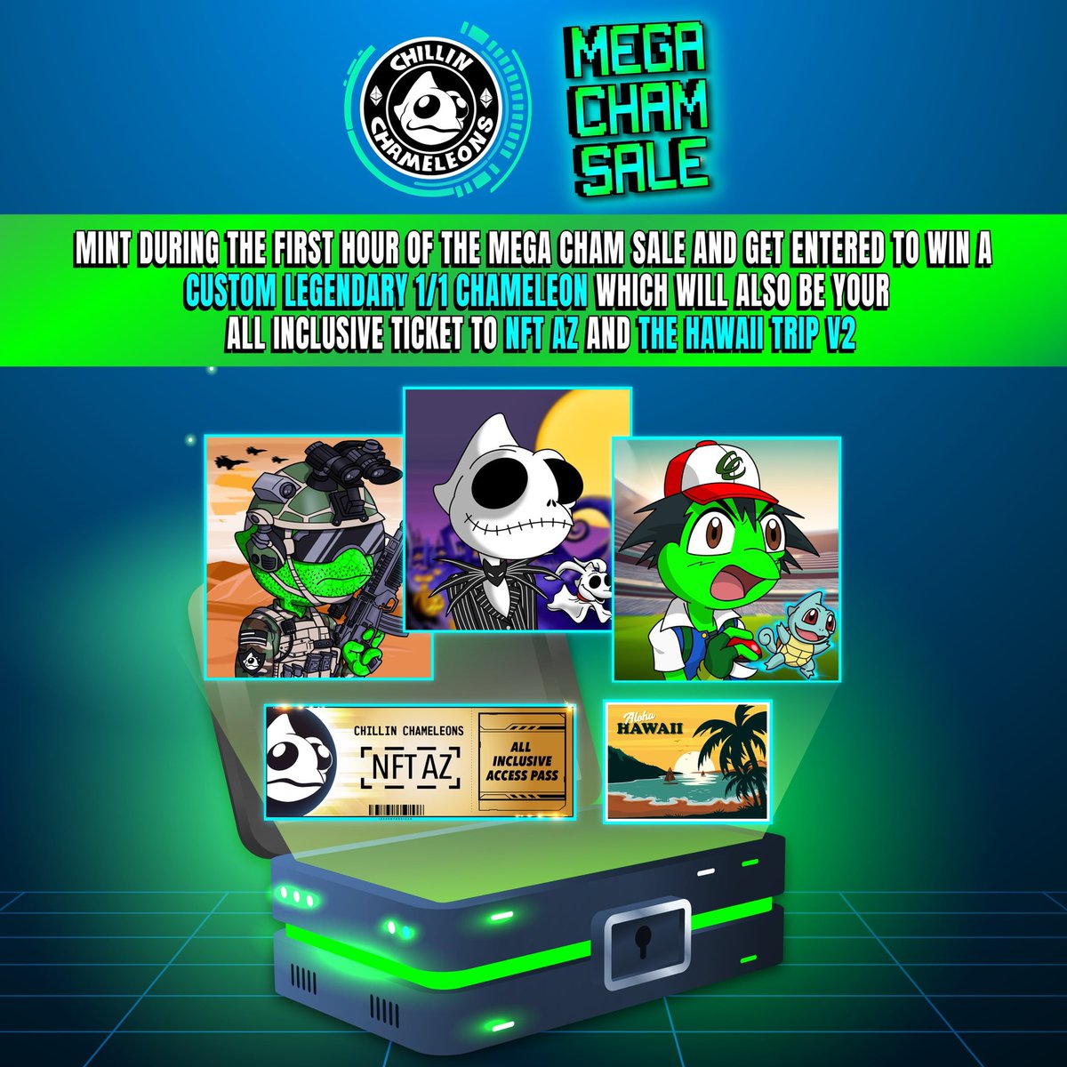 Chillnchameleon's tweet photo. Mega Cham Sale = Mega Prizes! 🎁

Mint during the first hour and get entered to win some of the biggest prizes yet! (Set your reminders for tomorrow at 6 pm PST)

🚨 RETWEET to spread awareness 🌊 https://t.co/Q880k3lGHd