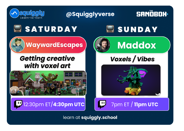 Squigglyverse's tweet photo. Want to meet metaverse creators & community-builders in @TheSandboxGame?
Tune in THIS WEEKEND for some awesome streams & good energy:
Saturday: Meet @MandyWayward ๐
Sunday: Meet @maddoxoffurya ๐ค
๐บ Tune in at: https://t.co/JpJNUvOrRz https://t.co/RFHFjij9xa