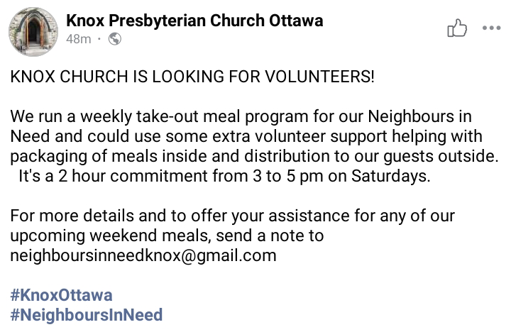 knoxottawa's tweet photo. KNOX CHURCH IS LOOKING FOR VOLUNTEERS!
Our Neighbours in Need and could use some extra volunteer support. 2 hour commitment from 3 to 5 pm on Saturdays.
To volunteer, email neighboursinneedknox@gmail.com
#KnoxOttawa
#NeighboursInNeed https://t.co/EZPQ2RNS36