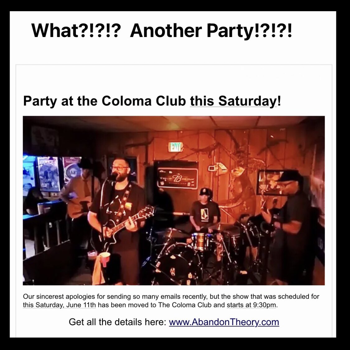 abandontheory's tweet photo. The show this Saturday (6/11) has been moved to The Coloma Club with music starting at 9:30pm!  Details at the link in our profile!!!  #LiveMusic #Norcal.Band #OriginalMusic #RiverMusic #PartyAtTheRiver #PartyColoma https://t.co/Dq43xOGoBL