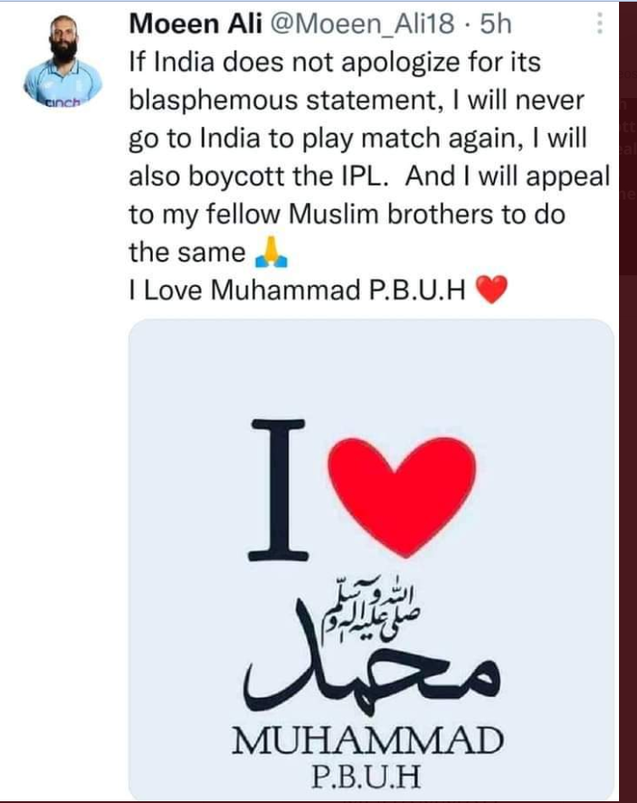 marketerabu1's tweet photo. twitter suspended moeen Ali's account for his post. so what moeen Ali is always in our heart❤❤

#MoeenAli @moeen_ali18 #IStandWithNupurSharma #NintendoStore #NationalBestFriendsDay #BoycottIndianProducts https://t.co/LBx5sjCUC0