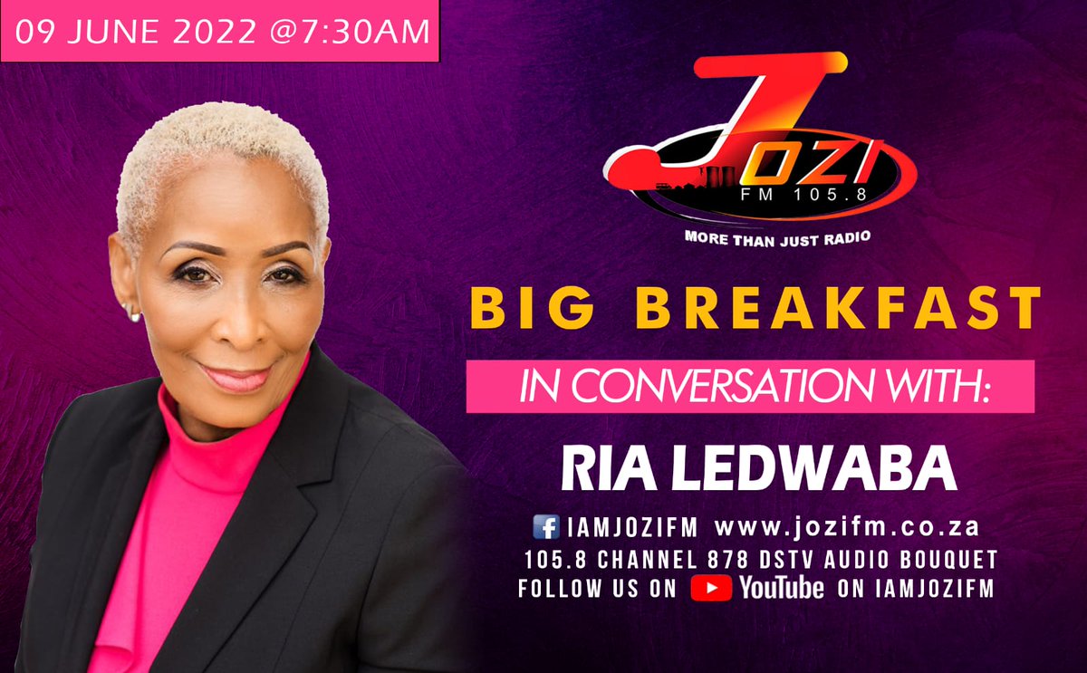 We wake up with the legendary football administrator who is running for SAFA Presidency, Mama Ria Ledwaba. Catch her on the Big Breakfast Show with @lungilemmasondo alongside @PelepeleComedy @jozifm . Don't miss it! 👇