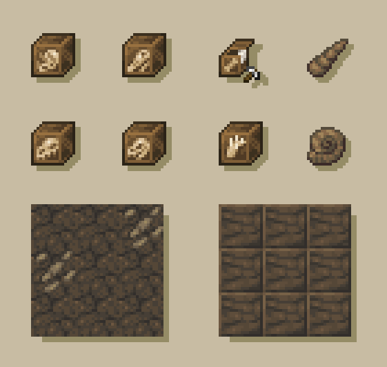 crydigo's tweet image. some fossil related items 
(btw, the stone shown here is called mudstone)

#Minecraft #pixelartist #minecraftart #asperite