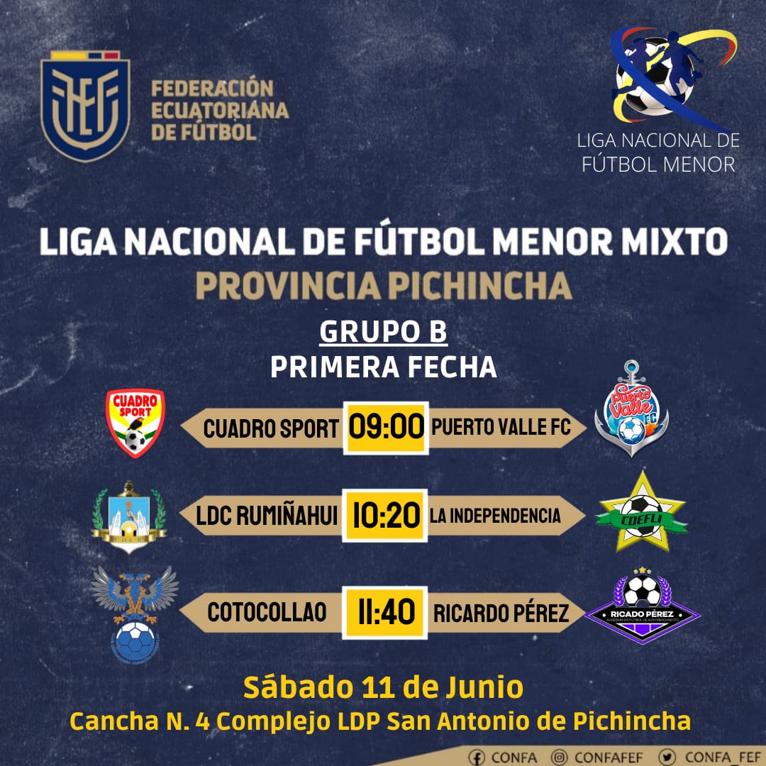lnfa_fef's tweet photo. Liga Nacional de Fútbol Menor Mixto Sub 14 🇪🇨

🚩Provincia Pichincha
El Inicio del torneo será éste sábado 11 de junio💯

#FEFecuador #confa #futbolmenor https://t.co/AlKdZ2BN4Z