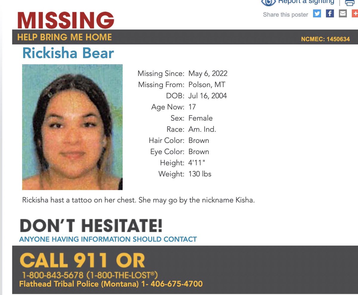 🛑MISSING🛑
RICKISHA BEAR

#mmiw #mmiwusa #mmiwg #missingandexploitedchildren #findourmissingpoc #findourgirls #montana #mmiwmontana #missinginmontana #NativeTwitter