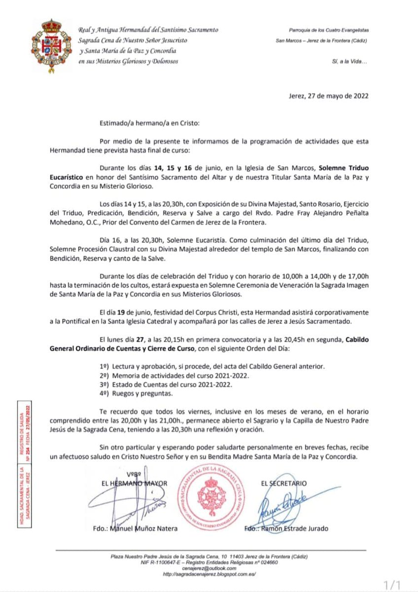 CenaJerez's tweet photo. "SOLEMNE TRIDUO EN HONOR AL SANTÍSIMO SACRAMENTO DEL ALTAR Y NUESTRA SEÑORA DE LA PAZ Y CONCORDIA EN SU MISTERIO GLORIOSO " https://t.co/1BN1wmaD2f