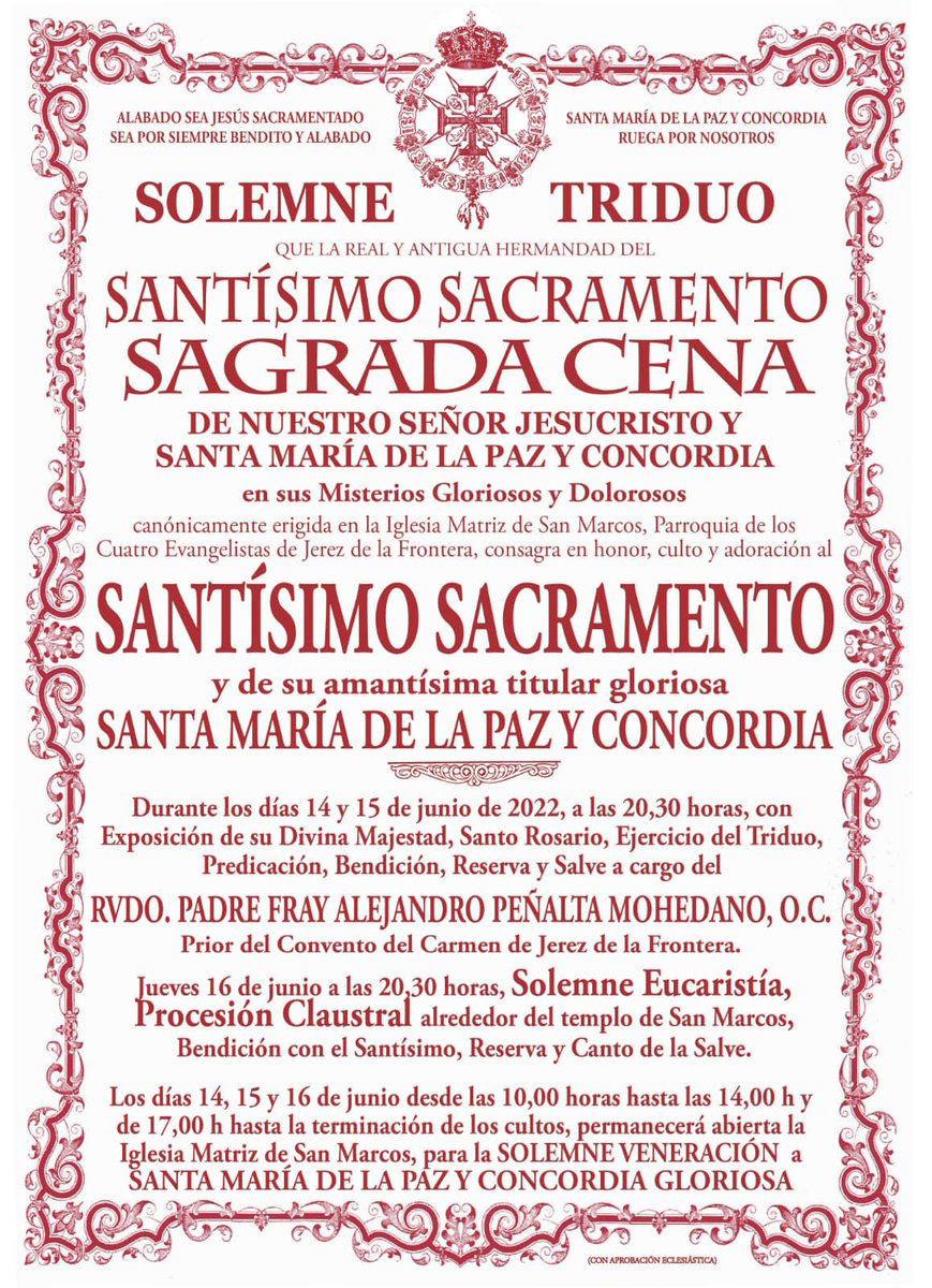 CenaJerez's tweet photo. "SOLEMNE TRIDUO EN HONOR AL SANTÍSIMO SACRAMENTO DEL ALTAR Y NUESTRA SEÑORA DE LA PAZ Y CONCORDIA EN SU MISTERIO GLORIOSO " https://t.co/1BN1wmaD2f