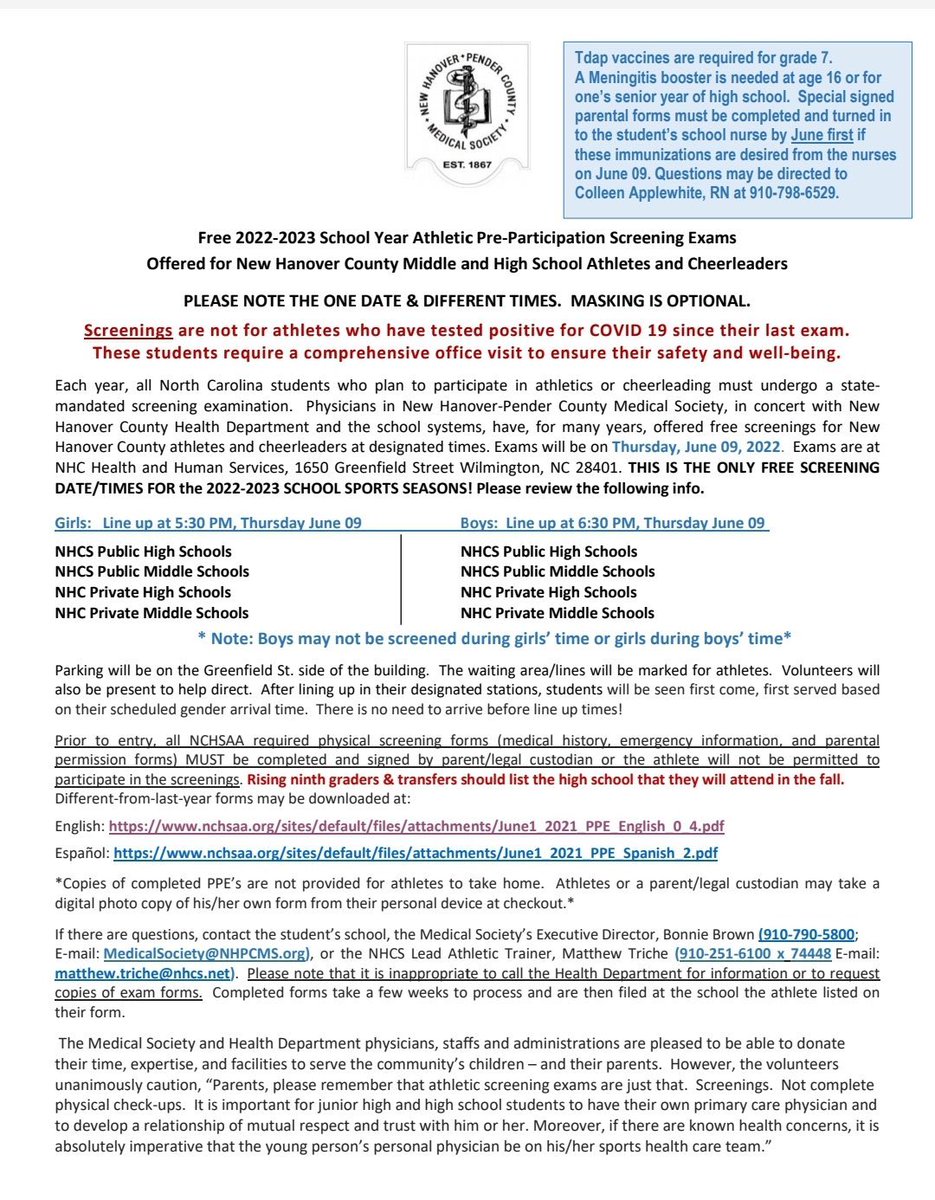 Free NHCS physicals June 9th, 5:30-7:30pm. Don’t miss it! 🙌