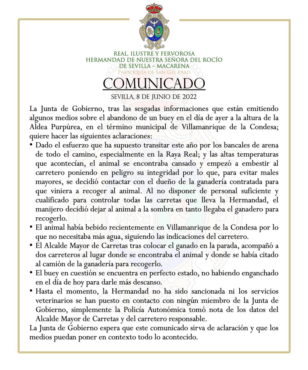 HRocio_Macarena's tweet photo. COMUNICADO | GANADERÍA ROMERÍA 2022.

La Junta de Gobierno, tras las sesgadas informaciones que están emitiendo algunos medios sobre el abandono de un buey en el día de ayer quiere hacer las siguientes aclaraciones.

ℹ️ https://t.co/Rj7eYAr7x7

#HermandadRocíoMacarena https://t.co/OmjjVLKRbl