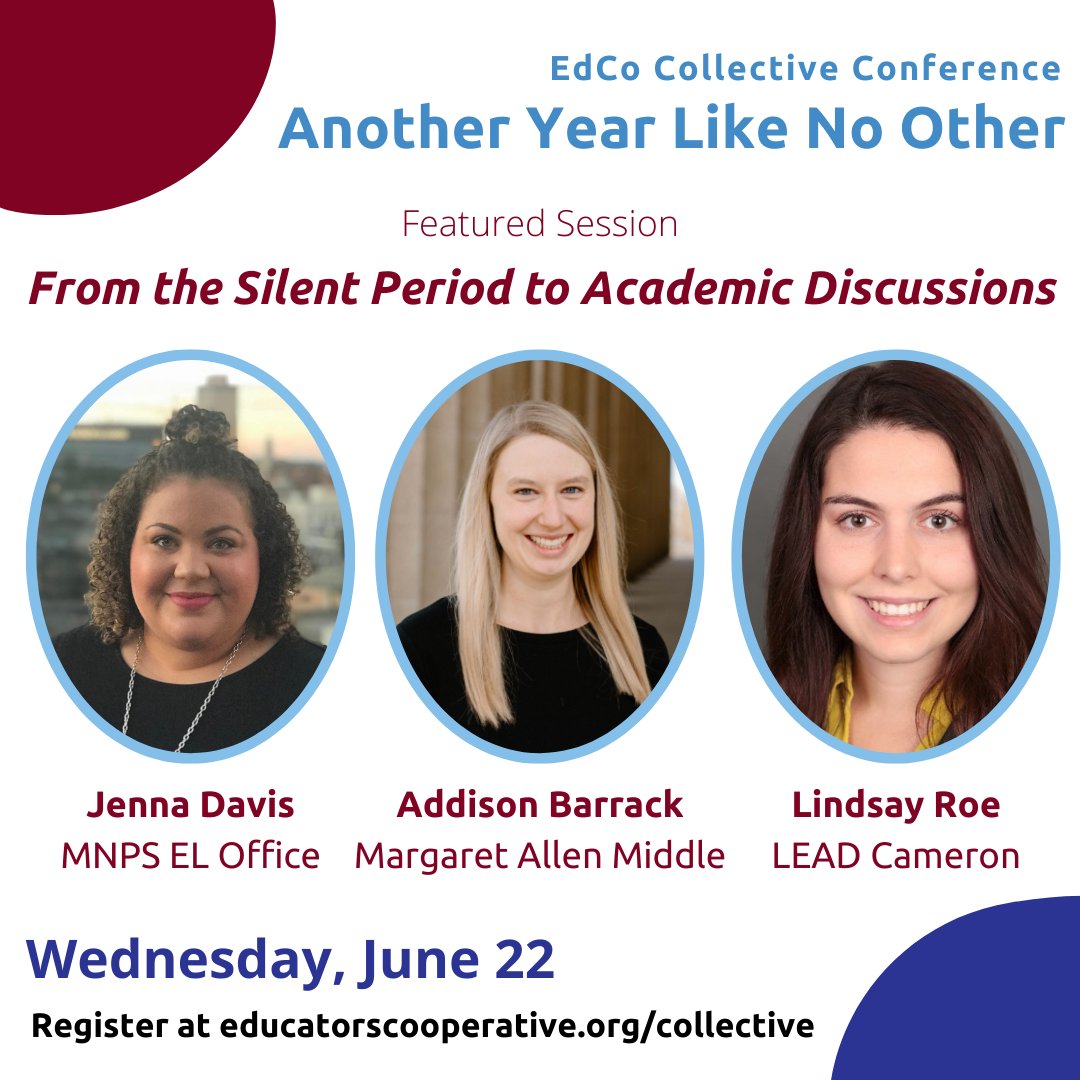 Register today for EdCo Collective Conference to see:  Elementary and secondary practitioners facilitate a conversation and provide resources about how to apply research-based practices for discussions with entering MLLs. Register here: educatorscooperative.org/collective #TNeducation