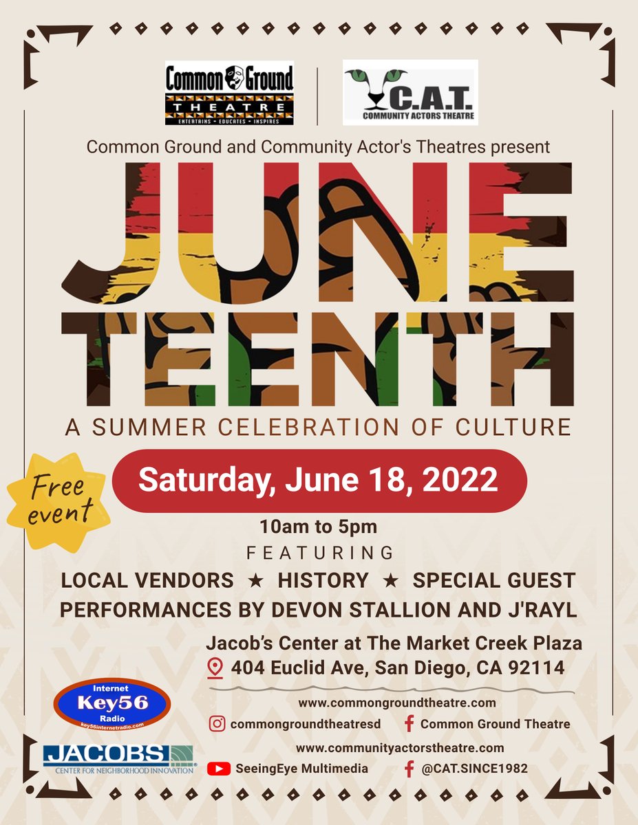 Come celebrate #Juneteenth at the Market Creek Amphitheater and Festival Park next Saturday 6/18. 

Common Ground and Community Actors Theatres are hosting this free event that will include a Juneteenth History presentation, spoken word,  a live band, vendors and more!