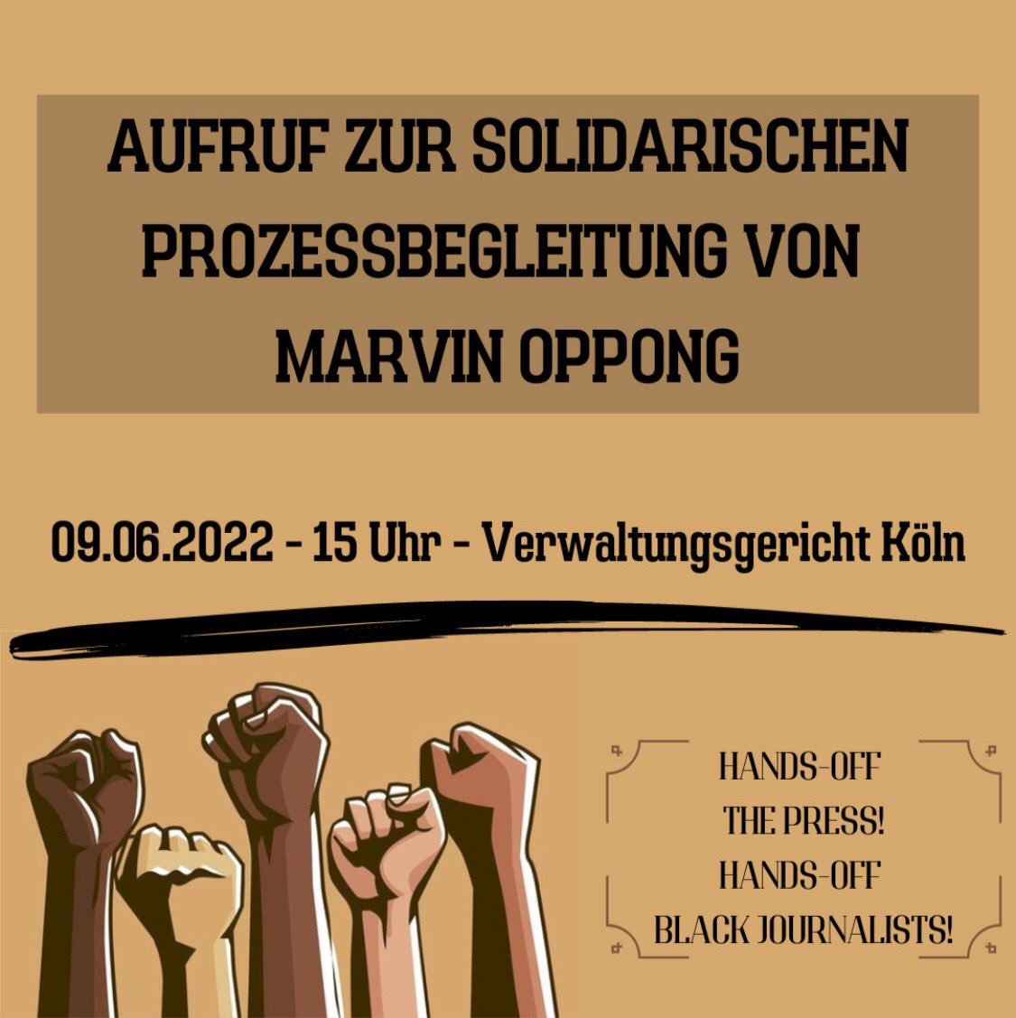 Touch one Touch all!

Tomorrow, 9 June at 3pm in front of the #VerwaltungsgerichtKöln Come in large numbers to support <a href="/MarvinOppong/">Marvin Oppong</a>.

Against #police violence, anti-black racism &amp; the attack on #pressfreedom by the police.