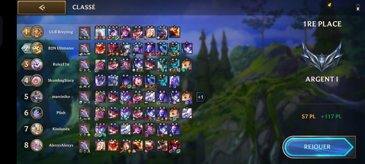Palmarès de la journée :
-Une game 100hp, jamais eu une game ainsi aussi tôt dans un set
-Une game mobile aujourd'hui -> un top 1. Mobile diff I guess
-fini Silver 1 57 lp, c'est décent, demain j'espère le gold 2 voir le plat (faut pas que j'oublie mes exams tho 🤔😅)
