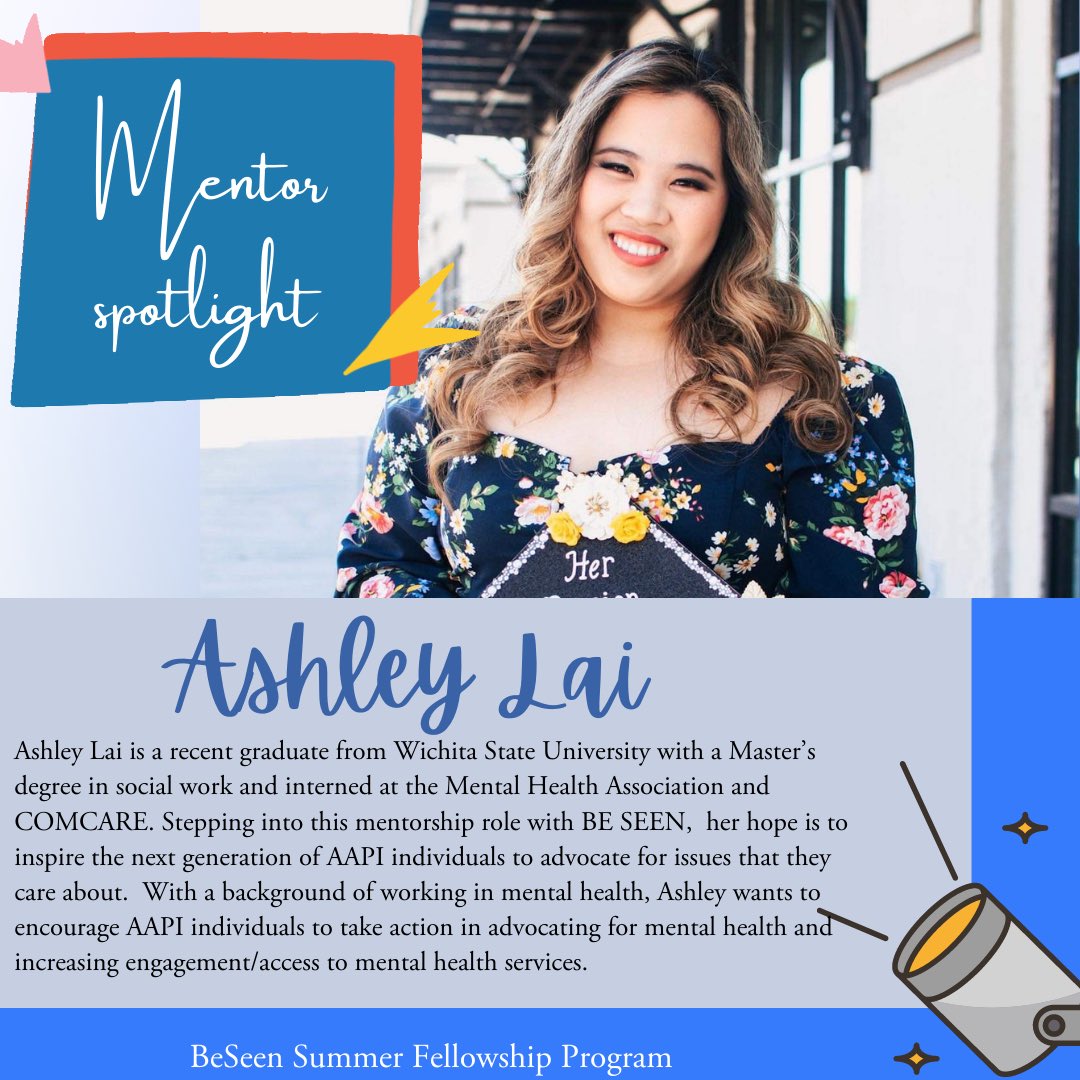 Our next mentor spotlight is Ashley Lai! 

Ashley Lai is a recent graduate from Wichita State University with a Master’s degree in social work and interned at the Mental Health Association and COMCARE.

So excited to have Ashley part of our program!