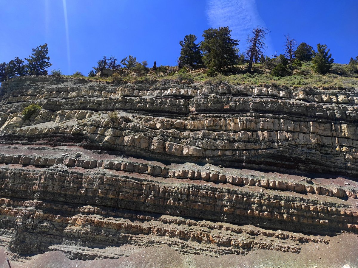 seismic_al's tweet photo. Day 7 (and last) of the #BookCliffs trip. Lacustrine Green River Fm. (Eocene) oil mudstones and channels of what could be a Gilbert-type delta, alluvial fan conglomerates of the Paleocene North Horn Fm. Discussed if the cyclicity was paced by orbital forcing. https://t.co/Dh5IOVDNz0