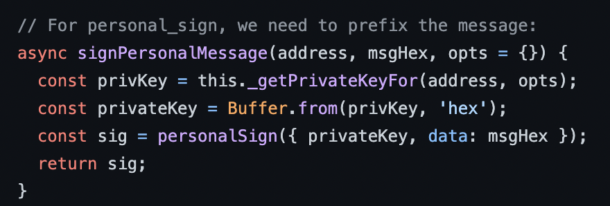 CT_IOE's tweet photo. 15/x
Looking at PERSONAL_SIGN, we can see the rabbit hole goes a bit deeper. Instead of simply signing the raw message data and returning it - a new “personalSign” function is being called with our message. https://t.co/zSOTDkHnIc