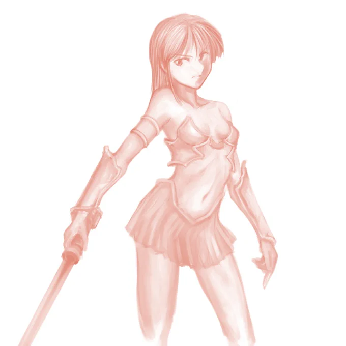 ポーズれんしう。深く考えずに描いた、ビキニアーマーちゃん某夢幻戦士みたいなスカートのですけど。鎧は例によって、行き当たりばったりです手にしているのは、何故かライトセイバーちっくな武器ということで。 