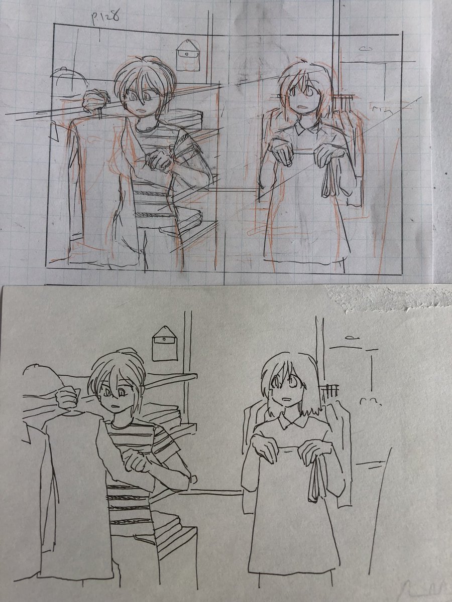 ストーリー漫画描く練習のためにも時々4コマ漫画描いてる(下は下書きの様子見るための試しペン入れ) 