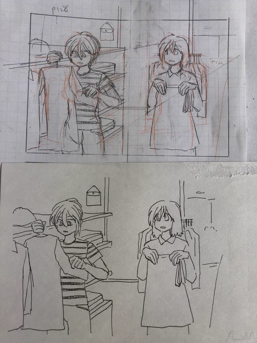 ストーリー漫画描く練習のためにも時々4コマ漫画描いてる(下は下書きの様子見るための試しペン入れ) 