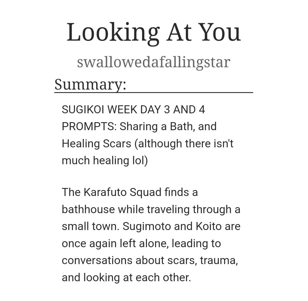 here's my short fic for #sugikoiweek ! prompt for day 3 (sharing a bath) and day 4 (scars) wrapped into one!  

archiveofourown.org/works/39527916