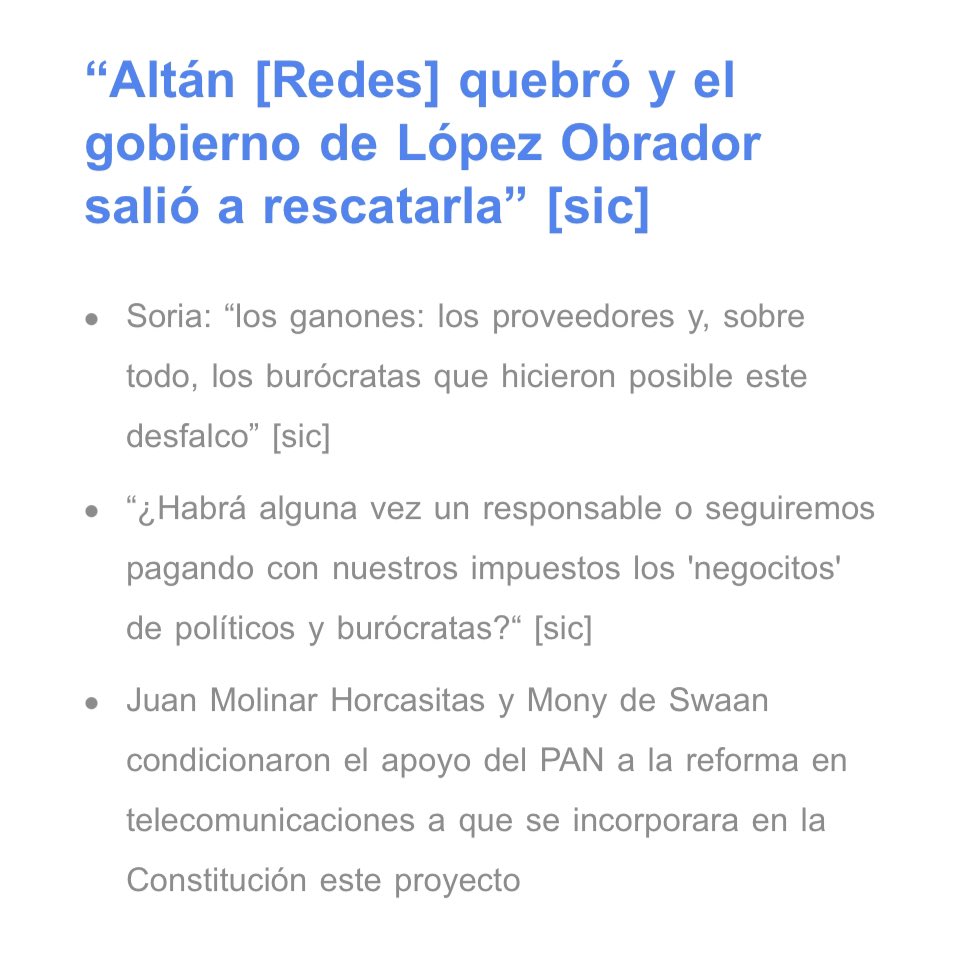 HoyenTelecom's tweet photo. .@GSoriaG: @AltanMx quebró y el gobierno de López Obrador salió a rescatarla.

Molinar Horcasitas y @Mony_de_Swaan condicionaron el apoyo de @AccionNacional a la reforma en telecomunicaciones de @EPN a incorporar #LaRedCompartida a la Constitución.

https://t.co/8smLzmiJZq https://t.co/8qje3TIbc5