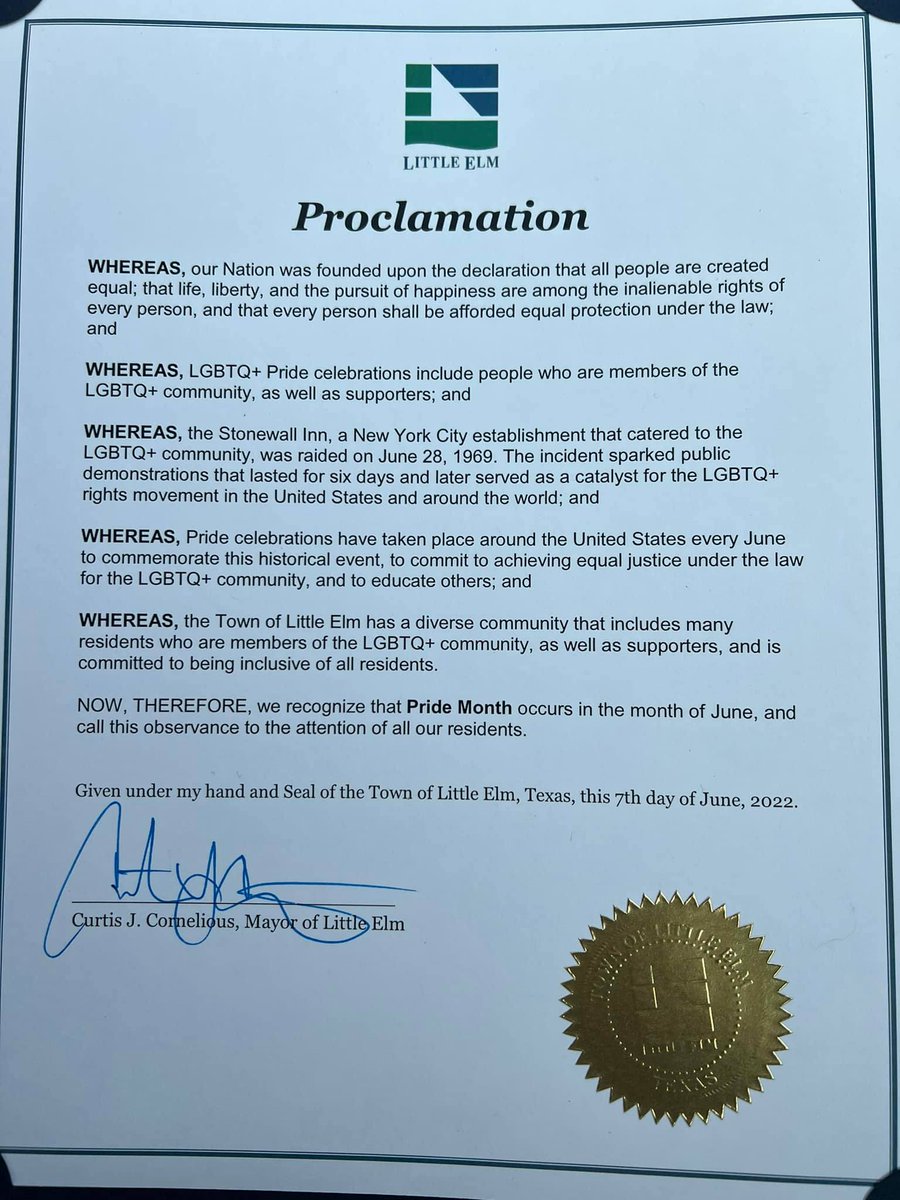 BeauChandler12's tweet photo. Little Elm, Texas in Denton County just issued their first ever Pride Proclamation. A very special Thank You to Mayor Cornelious for this historic moment. It was an honor to accept this Proclamation.
#PrideMonth #Pride2022 #PrideProclamation #stonewallriots #LGBTQIA #Gay https://t.co/j36mYBdEfo