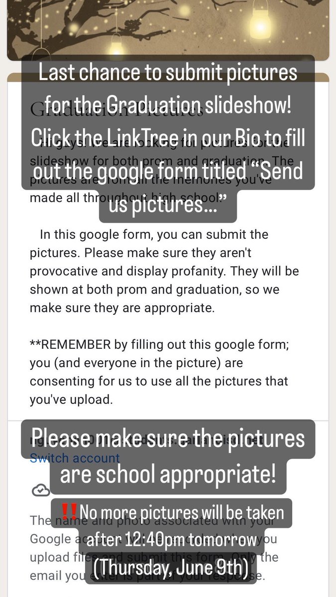 ‼️Last chance to submit senior pictures for the Graduation slideshow. We will NOT be taking any more pictures after 12:40pm tomorrow. Please fill out the google form below to make your submission.

docs.google.com/forms/d/e/1FAI…

🏫Please make sure the pictures are school appropriate!