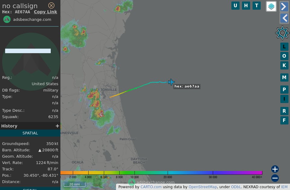 TheIntelFrog's tweet photo. P-8A Poseidon #AE67AA as LANCER07 checked in with SEALORD to work the warning area off shore of Jacksonville. https://t.co/ZWuAWEYUNJ